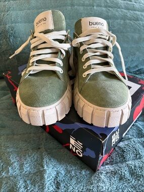 Bueno Women’s Suede Olive Green Platform Sneakers with White Sole